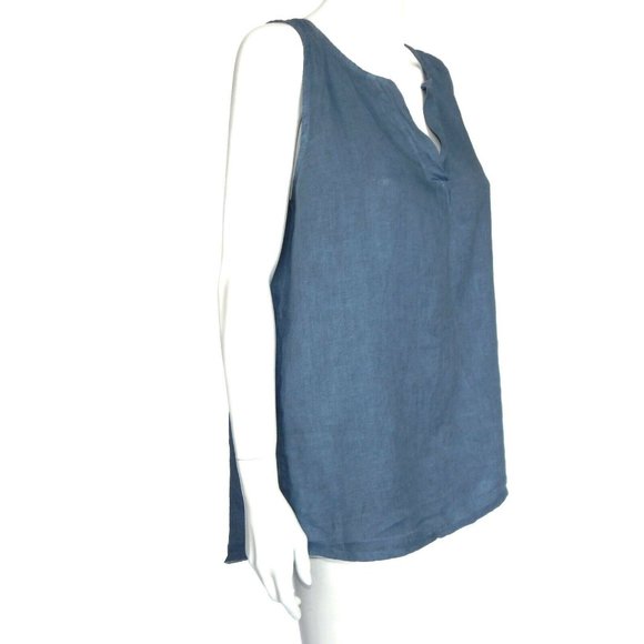AM Basic Collection Italy Blue Linen Sleevless V-Neck Top size Large /4353 - Picture 2 of 4